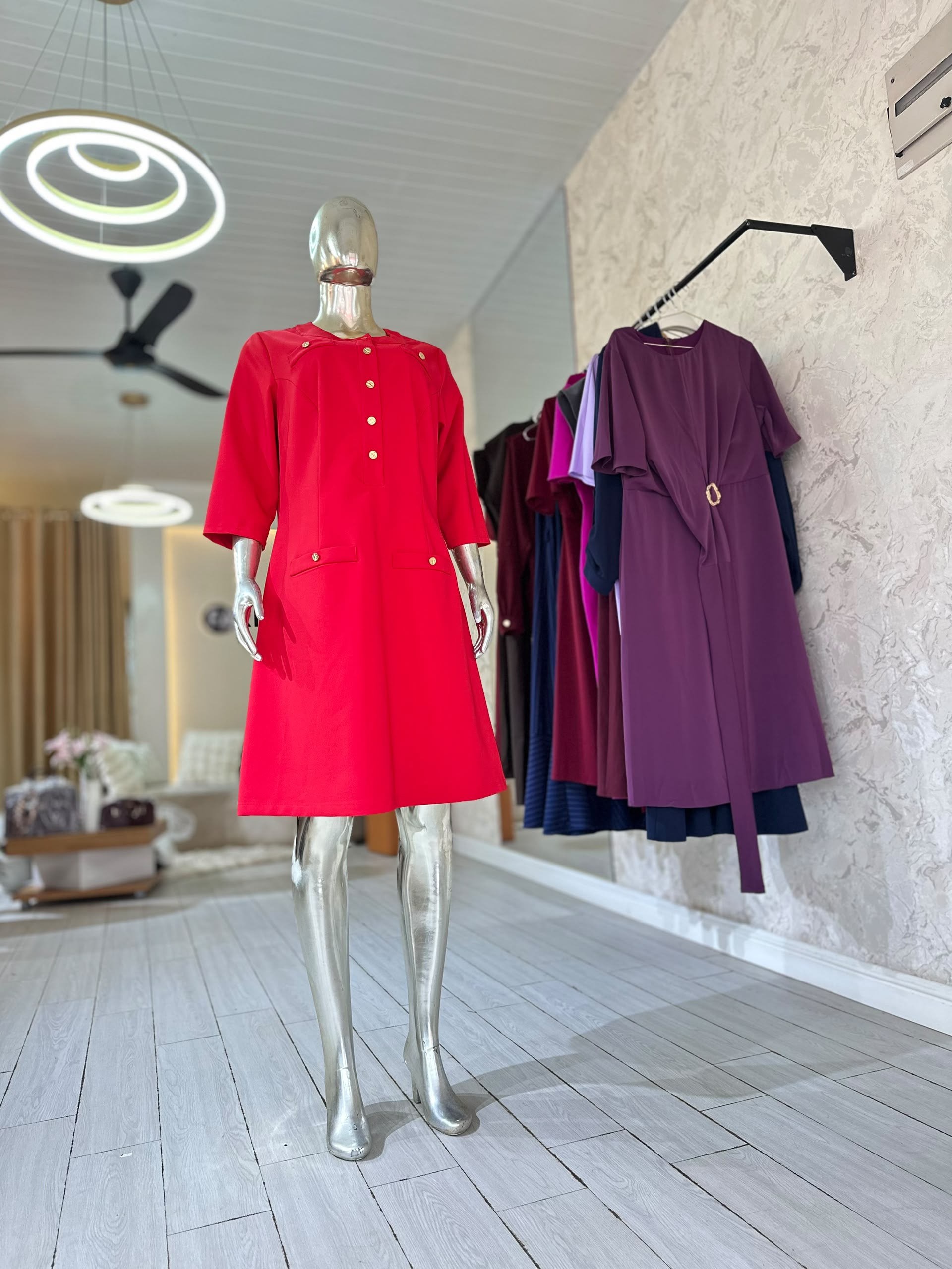 Red Gold-Button Midi Dress