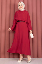 Red Cape-Sleeve Asymmetric Maxi Dress