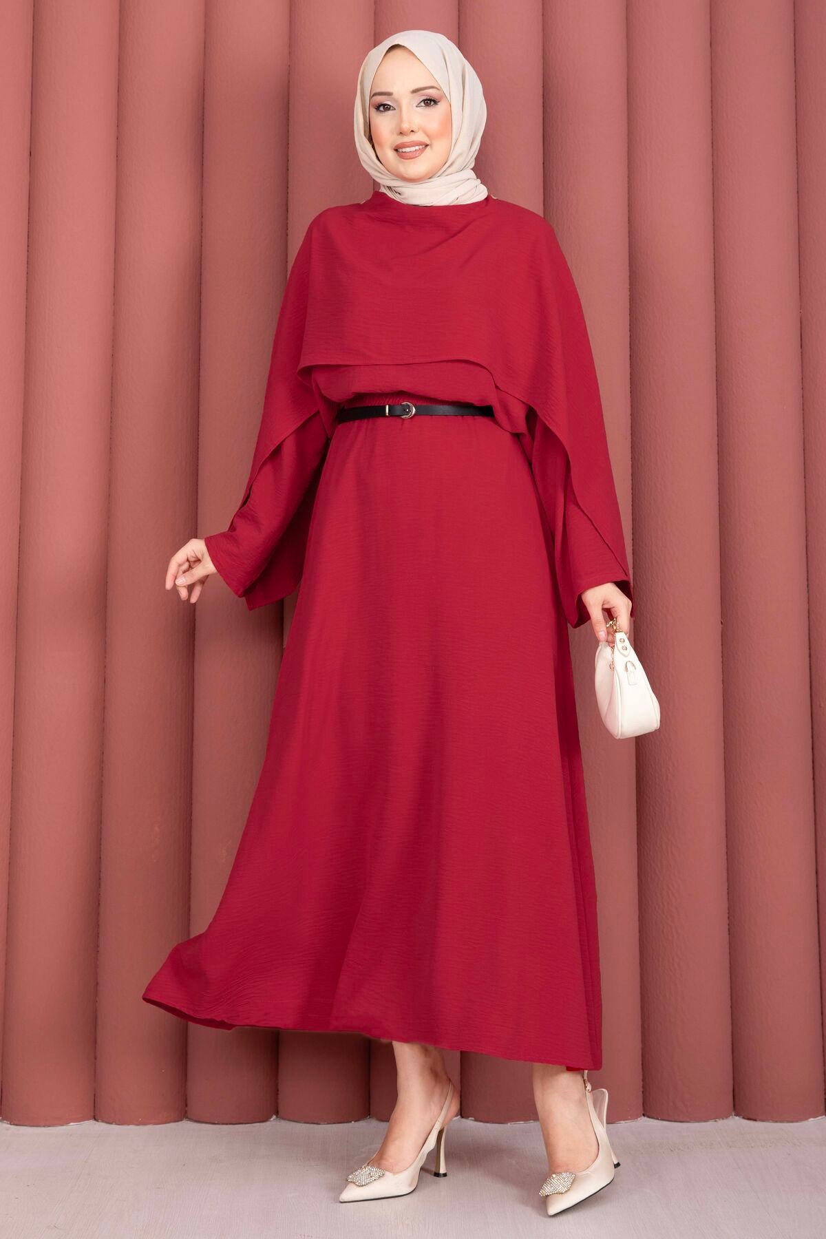 Red Cape-Sleeve Asymmetric Maxi Dress