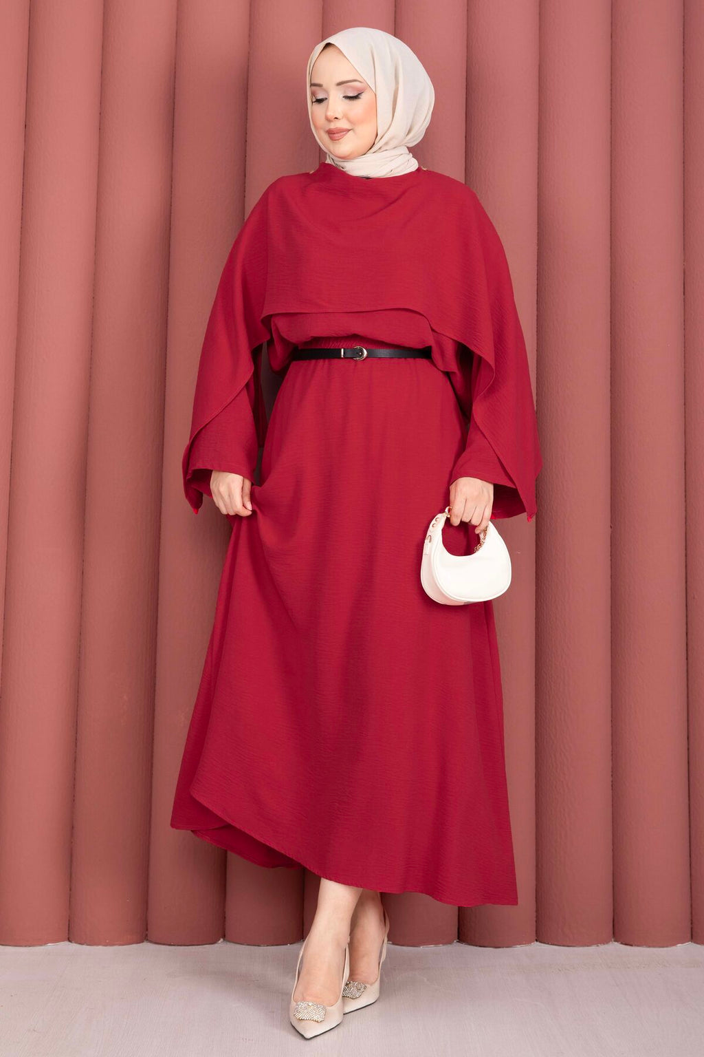 Red Cape-Sleeve Asymmetric Maxi Dress