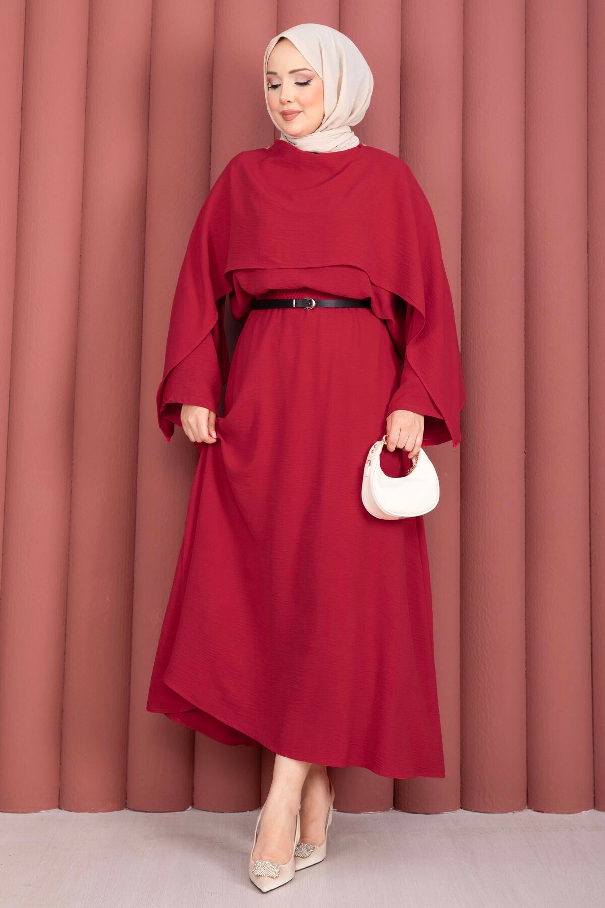 Red Cape-Sleeve Asymmetric Maxi Dress
