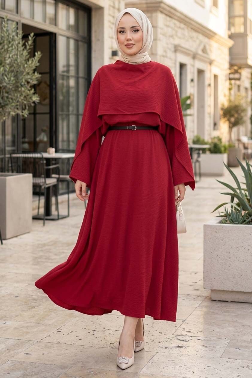 Red Cape-Sleeve Asymmetric Maxi Dress