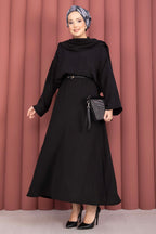 Black Draped Shawl Collar Belted Maxi Dress Set