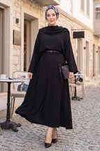 Black Draped Shawl Collar Belted Maxi Dress Set