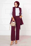 Burgundy Belted Longline Vest & Trouser Set