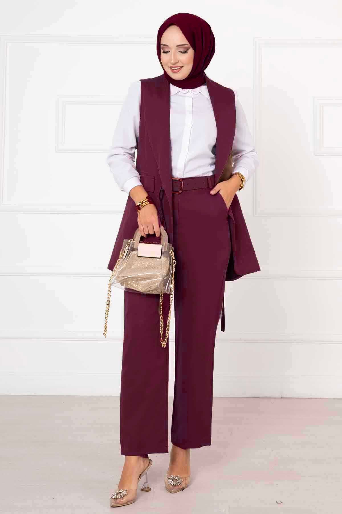 Burgundy Belted Longline Vest & Trouser Set