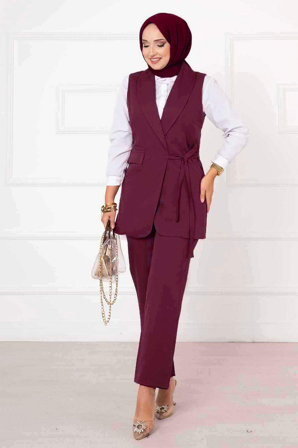 Burgundy Belted Longline Vest & Trouser Set