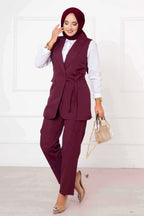 Burgundy Belted Longline Vest & Trouser Set