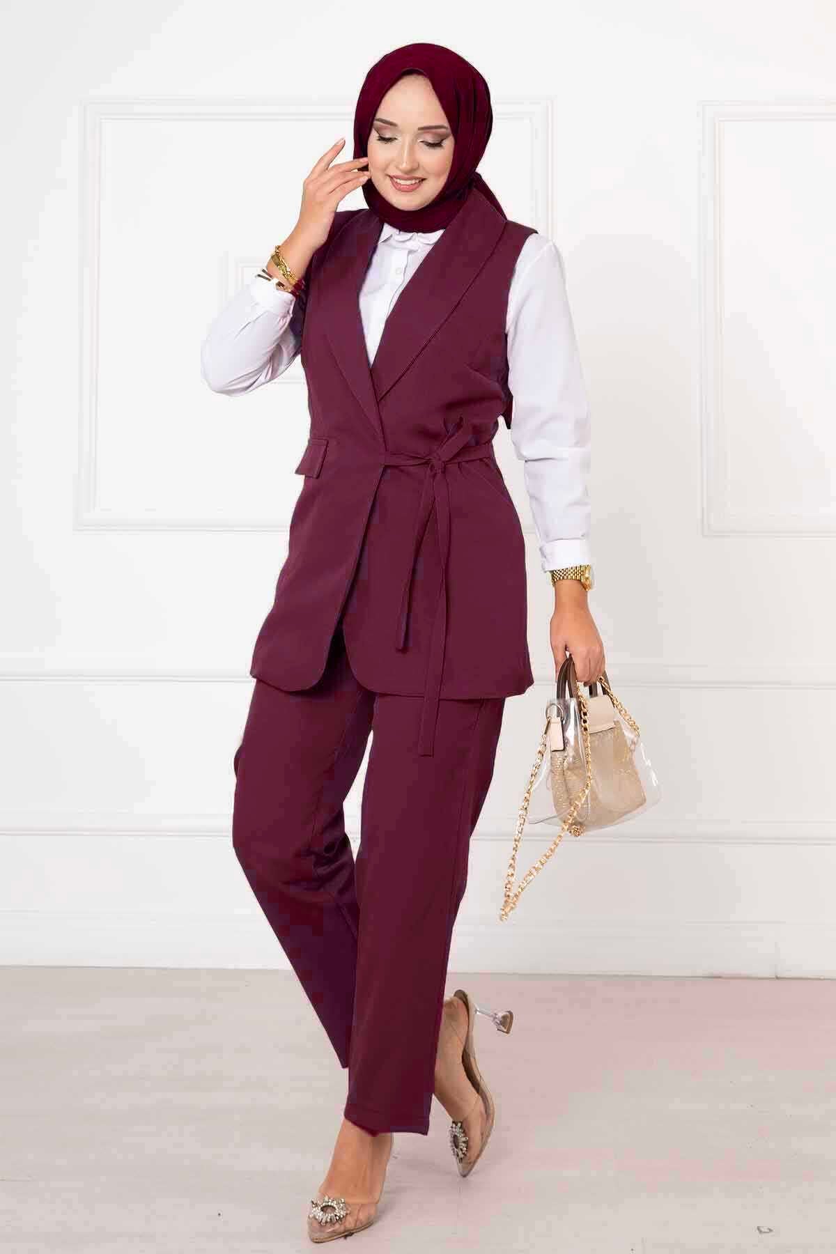 Burgundy Belted Longline Vest & Trouser Set